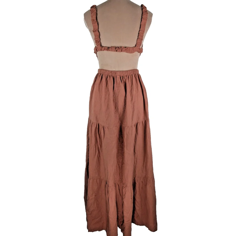 Abercrombie & Fitch Scrunchie Tiered Cutout Waist Maxi Dress Small Rust Orange